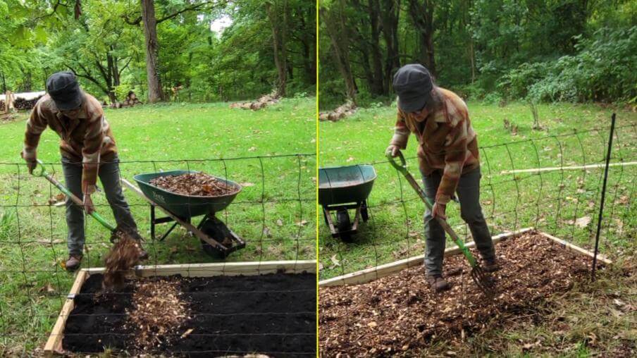 Adding mulch to our DIY mulch bed (final step)