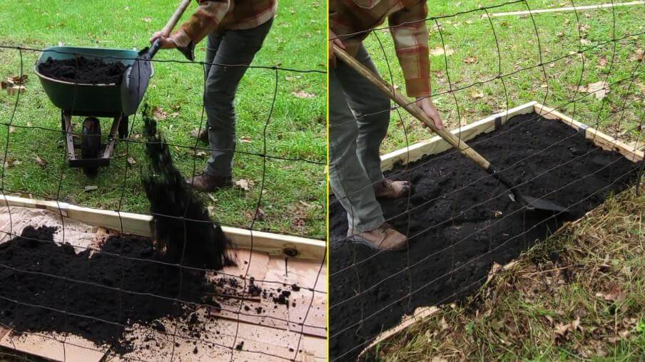 Adding soil to our DIY mulch bed