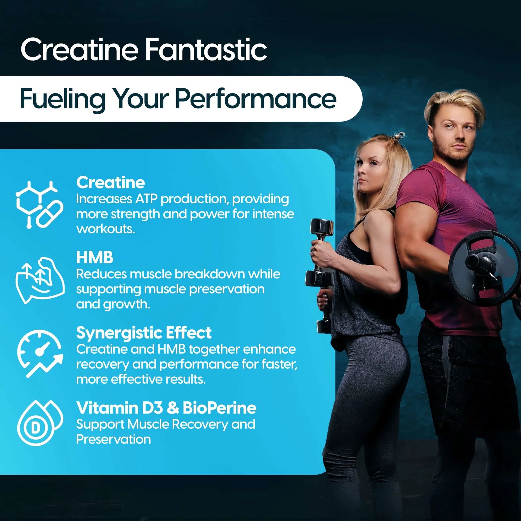 Two people holding weights, highlighting benefits of creatine and HMB for muscle performance and recovery.