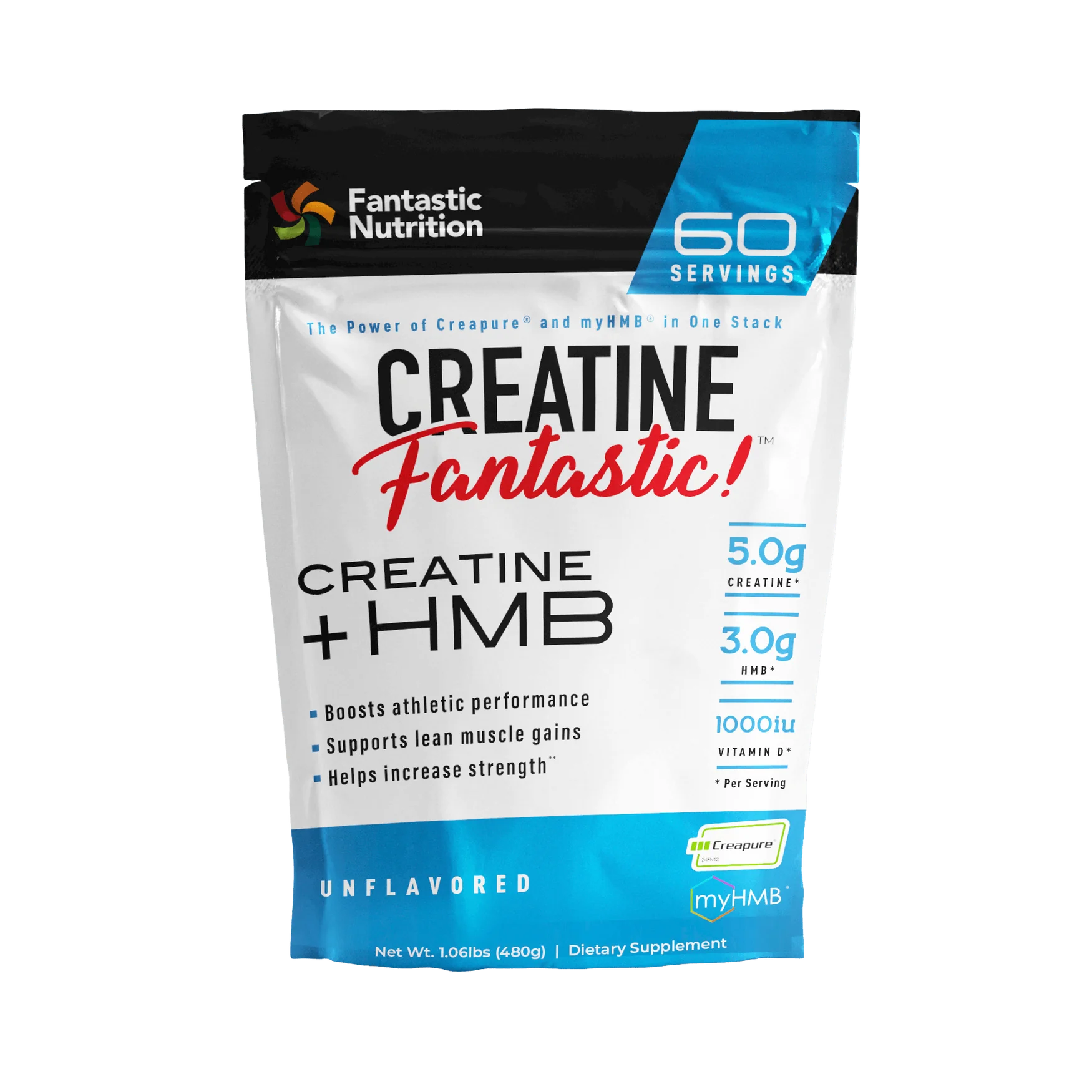 White and blue bag of creatine supplement with 60 servings.