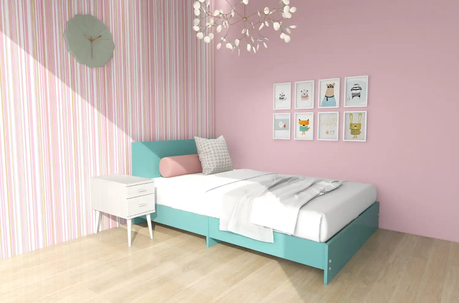 ピンクの壁紙の可愛い子供部屋にブルーのベッドがある