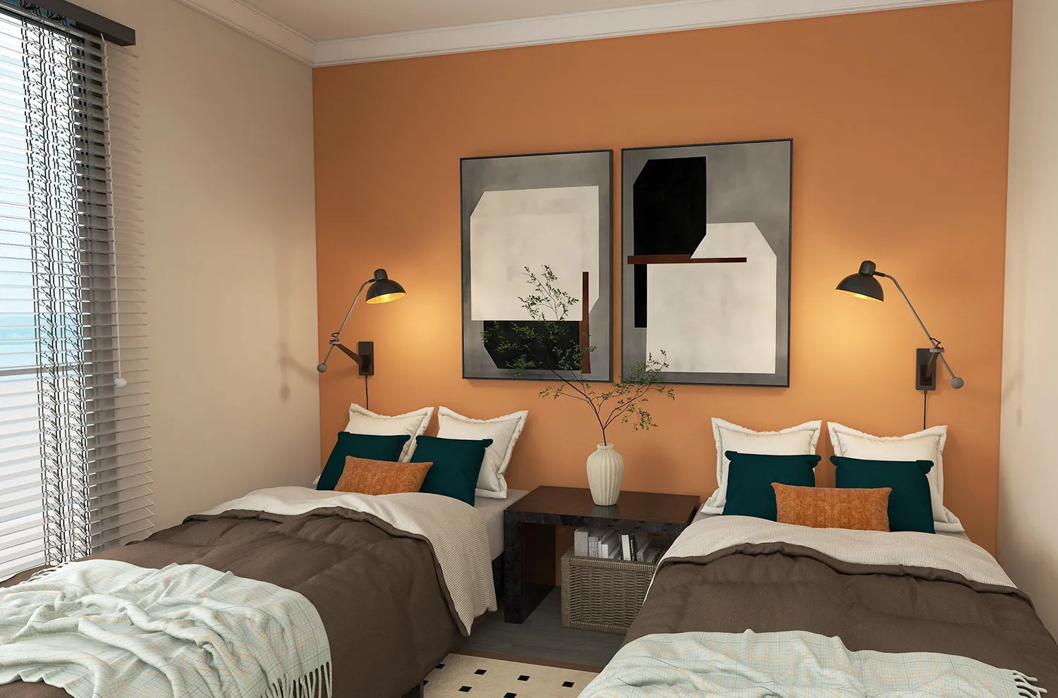 オレンジの壁紙のベッドルーム