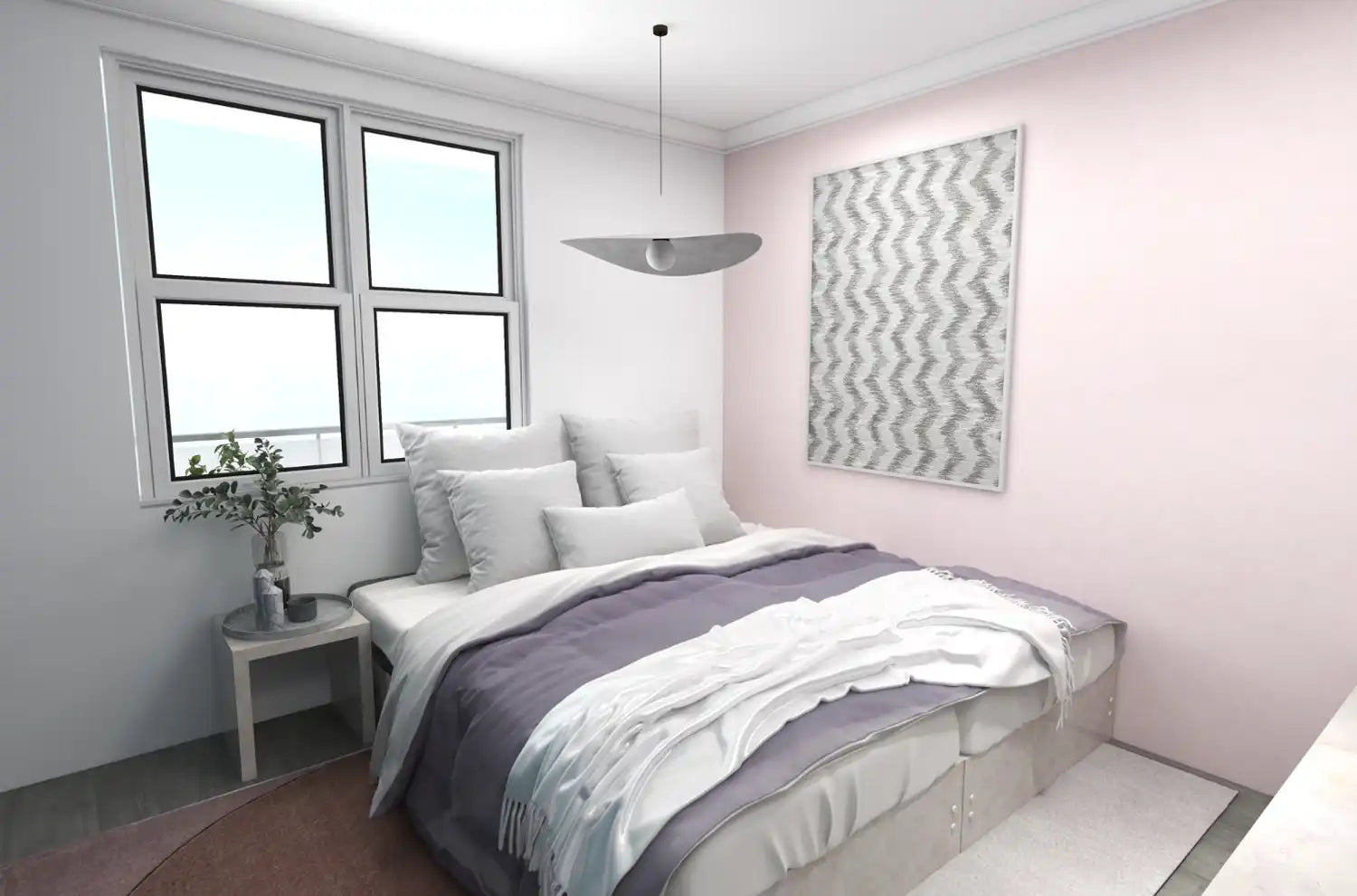 薄いピンクの壁紙の寝室
