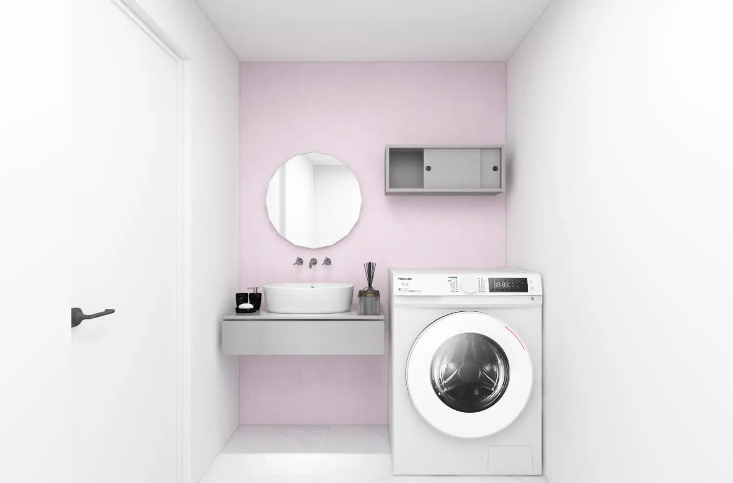 薄いピンクの壁紙の貼られた洗面スペース