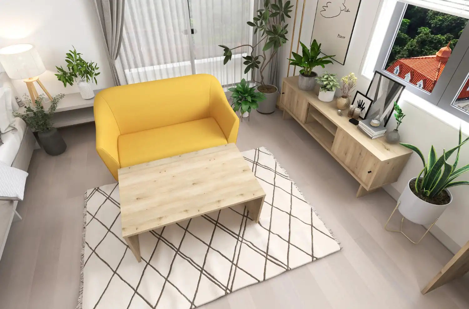 部屋に黄色いソファと観葉植物が多くレイアウトされている空間