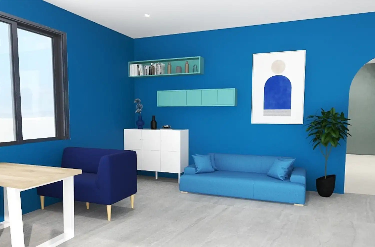 ブルーのウォールシェルフにブルーのソファがレイアウトされたブルーの壁紙の部屋