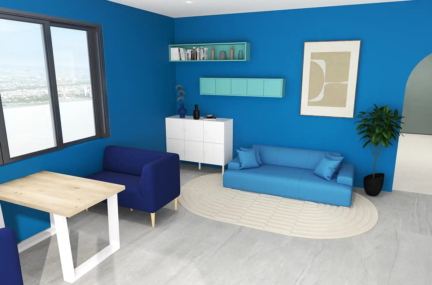 壁紙やソファなどが青色で統一されている部屋