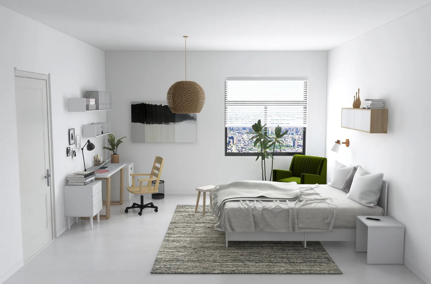 ホワイトインテリアと自然素材を組み合わせた清潔感のある部屋