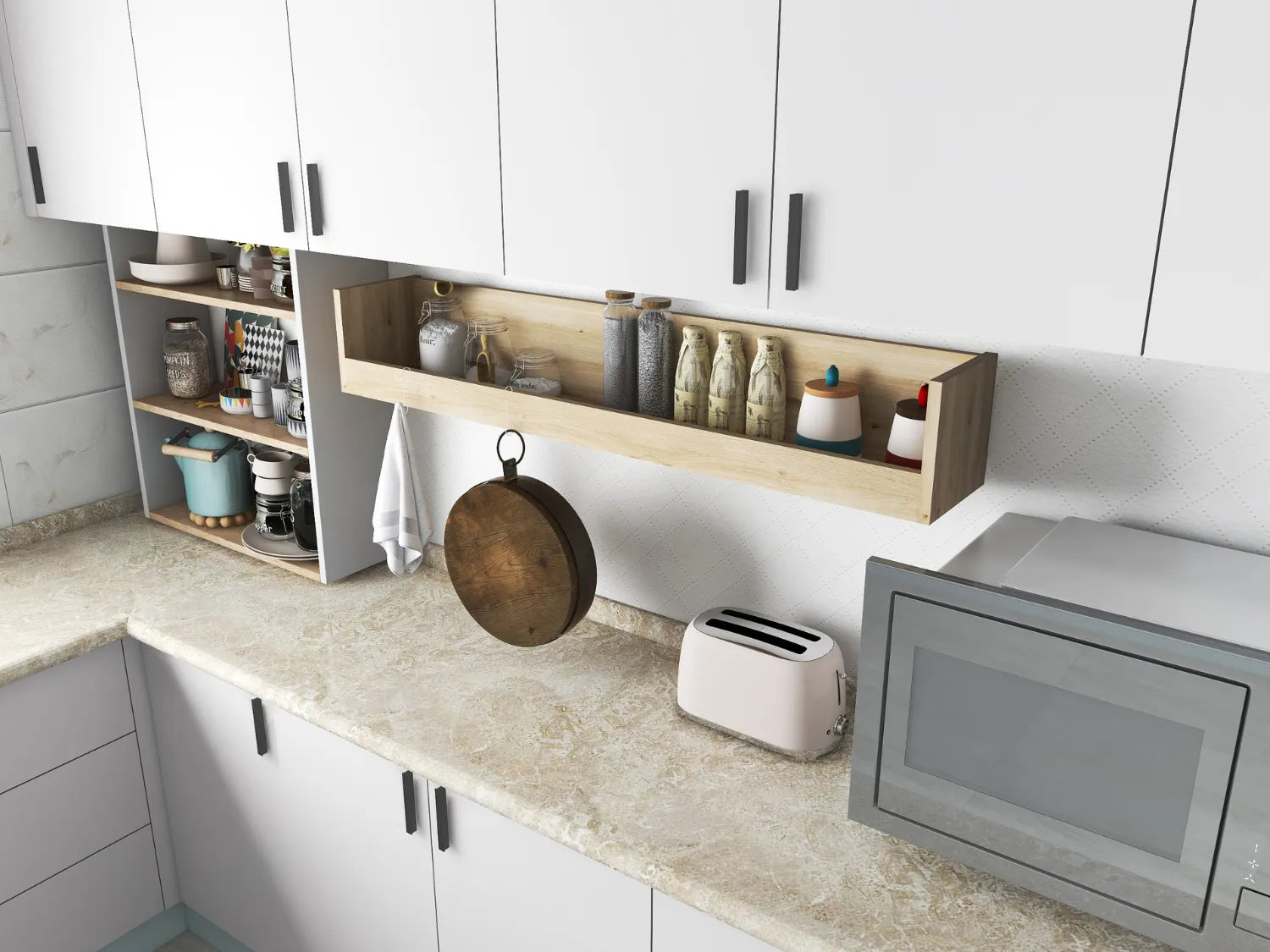 オープンタイプの壁面収納棚を使って見せる収納を取り入れたキッチンコーディネート一例