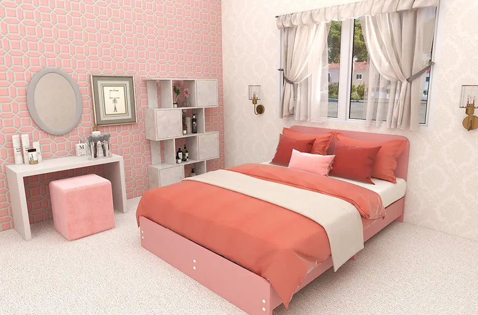 ピンク×ホワイトのかわいい姫系インテリアの寝室