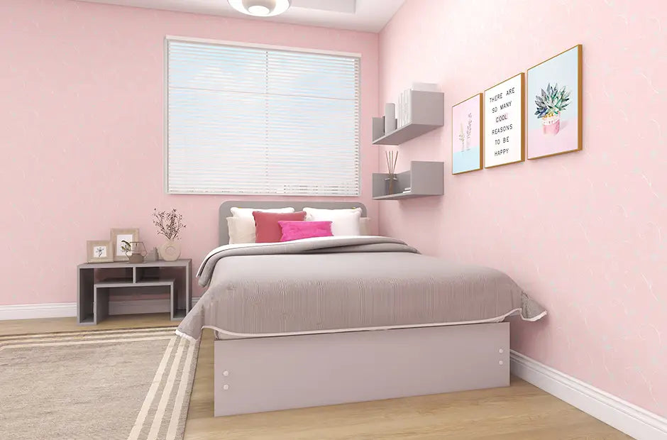 グレー×くすみピンクのかわいい寝室