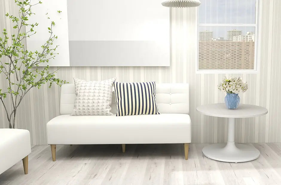 白くて曲線を取り入れたデザインの家具を使用したコーディネート