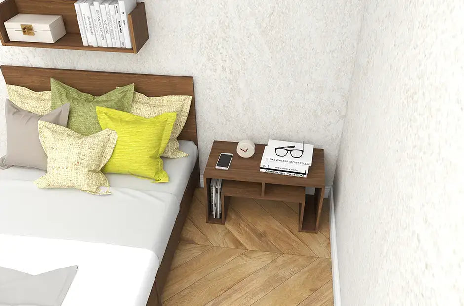 ベッドにちょうどいい幅の木製オープンキャビネット