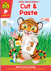 cut & paste preschool workbook cute illustration of a baby tiger using scissors on front