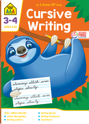 cover of a kids cursive writing workbook for grades 3-4 with a cute sloth illustration 