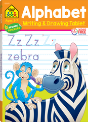 alphabet writing and drawing tablet for kids with a cute illustration of a zebra and monkey 