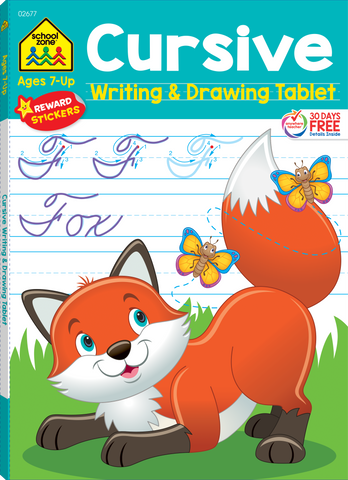 cover of a kids cursive writing & drawing tablet  with a cute fox illustration