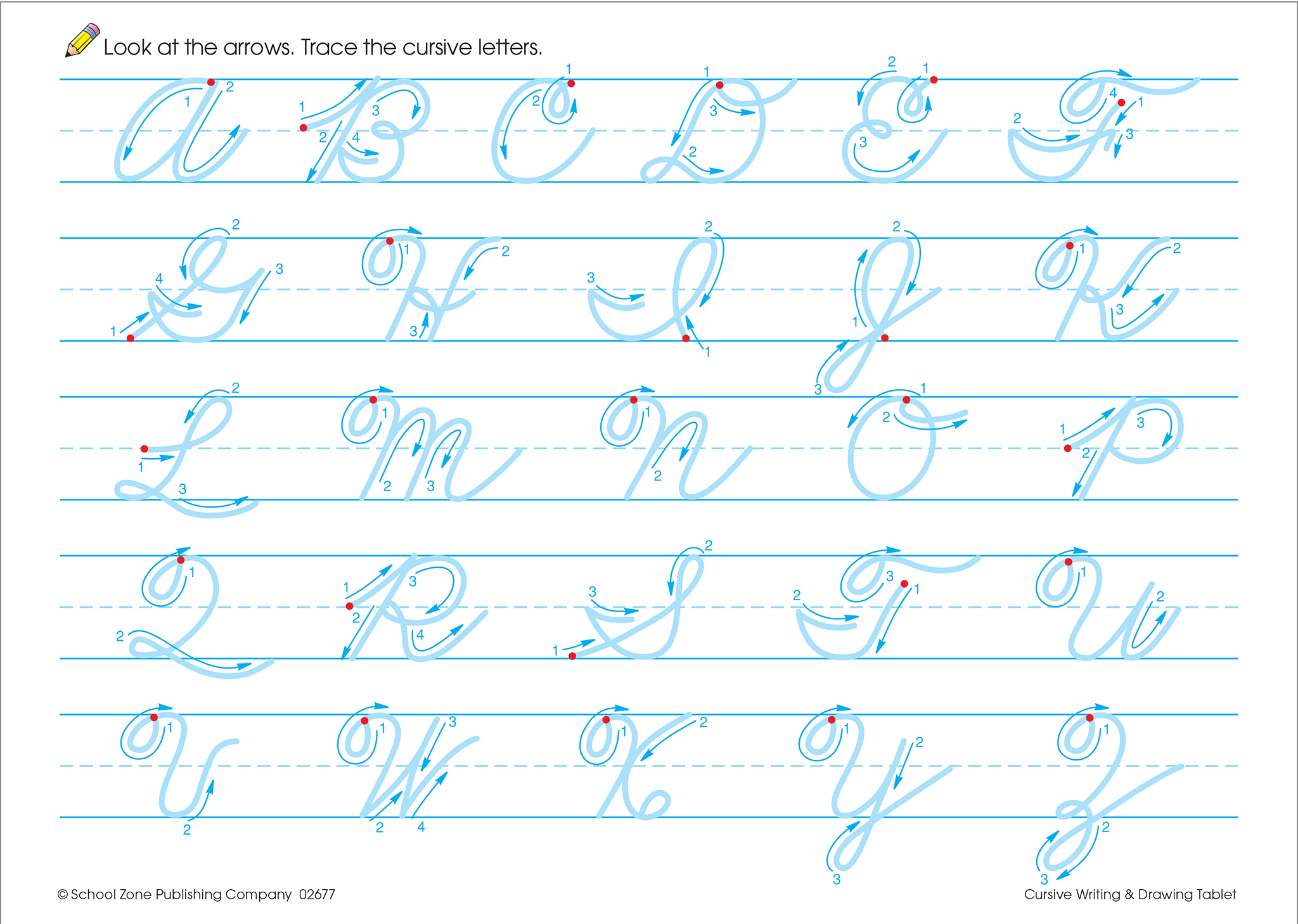 cursive writing practice page from a kids workbook tracing all of the uppercase letters a-z