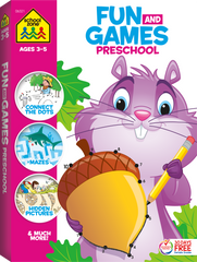 fun & games preschool workbook cute illustration of a squirrel and large acorn on front