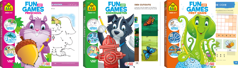 three fun and games workbooks, preschool, kindergarten, and first grade with a page from each book book showing an activity within that book