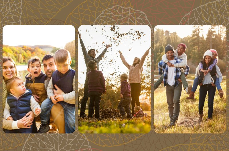 three photos of families outside in the fall enjoying being together and being grateful