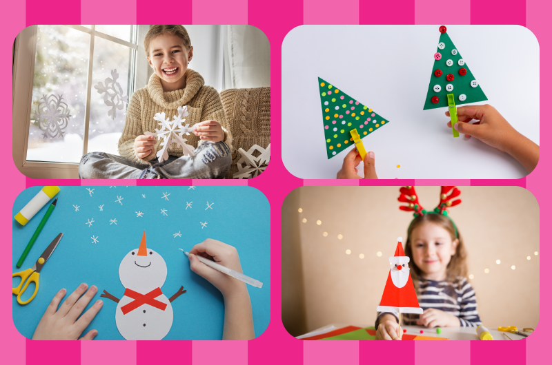 a collection of four photos in a grid of kids making paper Christmas crafts paper snowflakes Christmas trees snowman and santa 