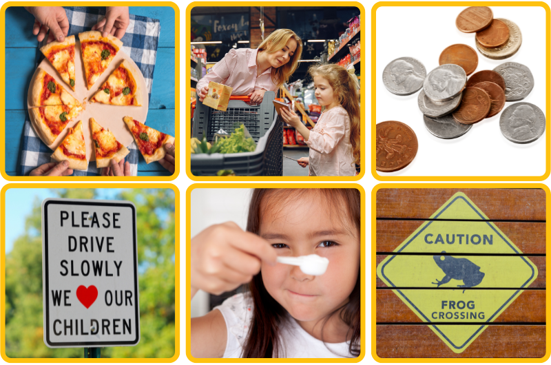 six small photos or everyday learning ideas such as dividing a pizza into the same portions, estimating costs at the grocery store, counting out change, reading road signs , measuring ingredients 