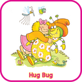 illustration of a girl hugging a bug and the words  Hug Bug written below the image