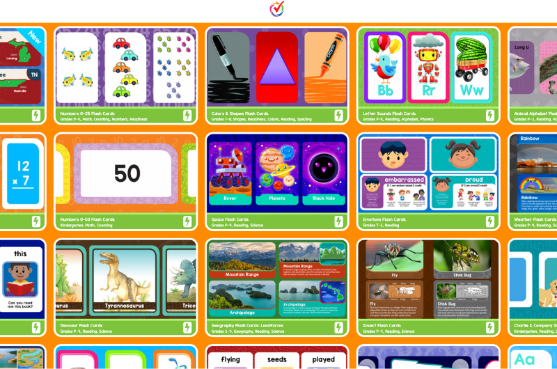 anywhere teacher online learning program grid view of flash card activities