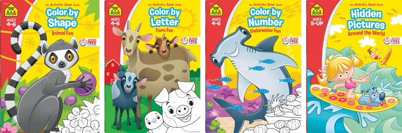 a line up of four School Zone Activity Zone workbooks: Color by letters, by numbers, by shapes and hidden pictures around the world