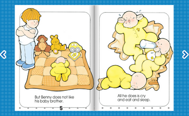 two pages of an online early reading book start to read benny's baby brother level 2 