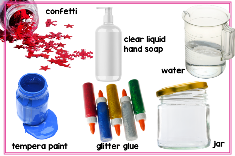 DIY project showing 5 ingredients: confetti, clear liquid hand soap, water, tempera paint, glitter glue and a jar 