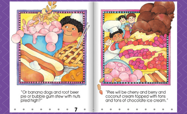 two page spread of a story called The Fabulous Principle Pie with illustrations of crazy food combinations made up by a boy in the story