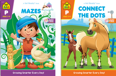 line-up of tow of School Zone Preschool Workbooks: Connect the Dots and Mazes