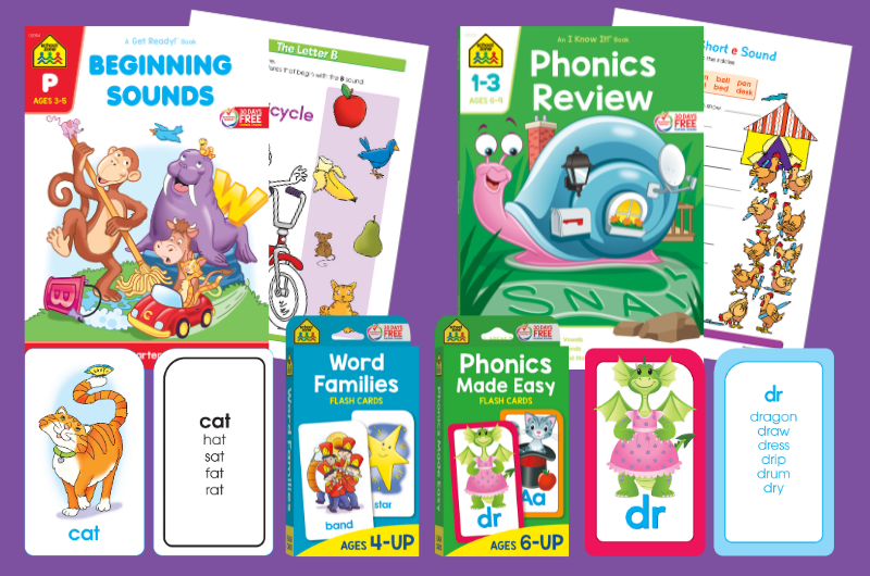 a group of two workbooks and two flash cards to teach kids phonics skills beginning sounds preschool workbook and a page from inside phonics review  grades 1-3 workbook and a page from inside word families flash cards with two cards showing phonics made easy flash cards with two cards showing