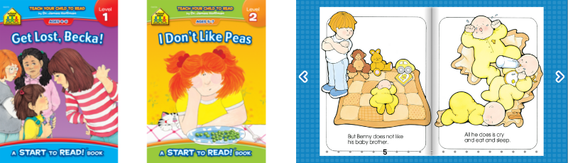 three Start to Read books about feeling, Get Lost Becka, I Don't Like Peas, and Benny's Baby Brother