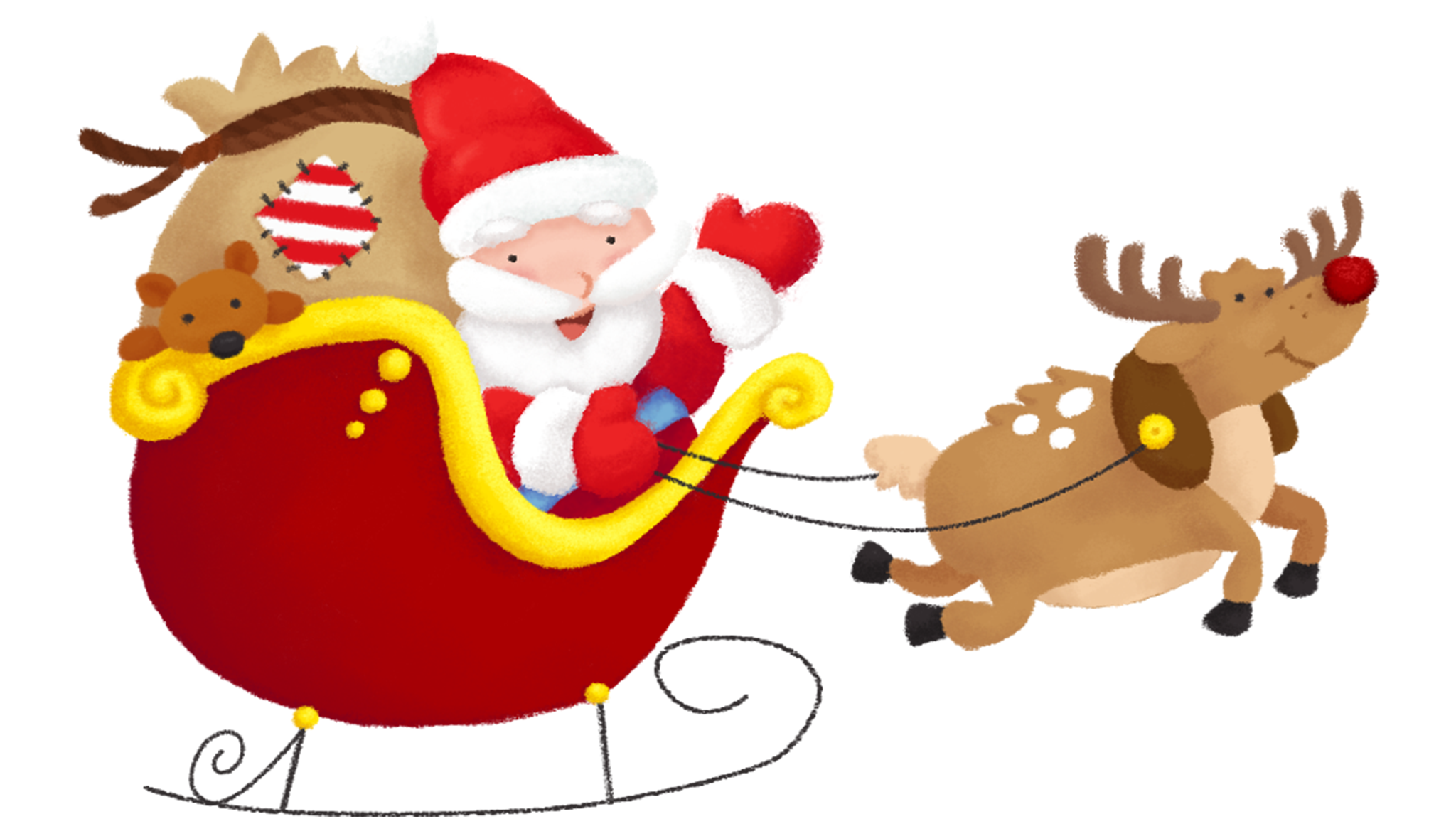 santa in sleigh with bag of toys being pulled by a red nose reindeer
