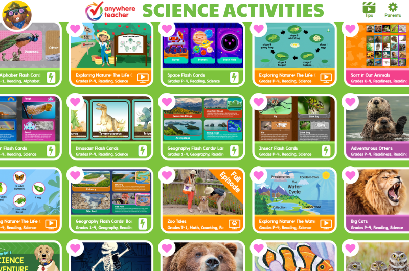 Anywhere Teacher online program showing a grid view of many science activities