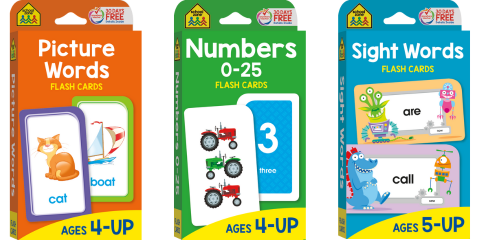 three school zone flash cards packs including picture words, numbers 0-25, and sight words