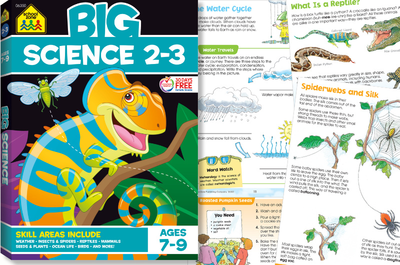 School Zone Big Science workbook with four inside pages showing to the right of the workbook