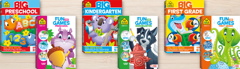 a selection of kids workbooks from school zone including big preschool and big fun and games preschool big kindergarten and big fun and games kindergarten and big first grade and big fun and games first grade 