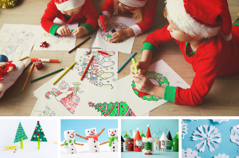 Christmas coloring book pages spread out with three kids activly coloring them with additional small images of Christmas craft ideas for kids, paper christmas trees, marshmallow snowmen, tiolet paper roll Christmas characters adn paper cut-out snowflakes