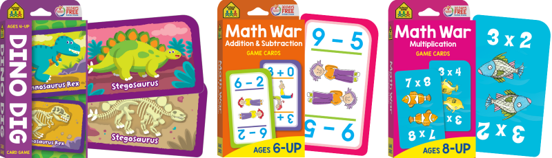 three school Zone game cards dino dig, math war addition & subtraction and math war multiplication & division