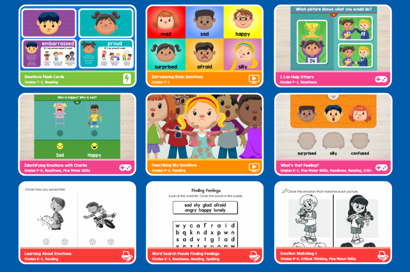 anywhere teacher online learning program grid view of nine activities teaching social emotional skills