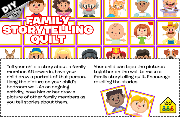 a quilt with family and pet pictures and activity instructions