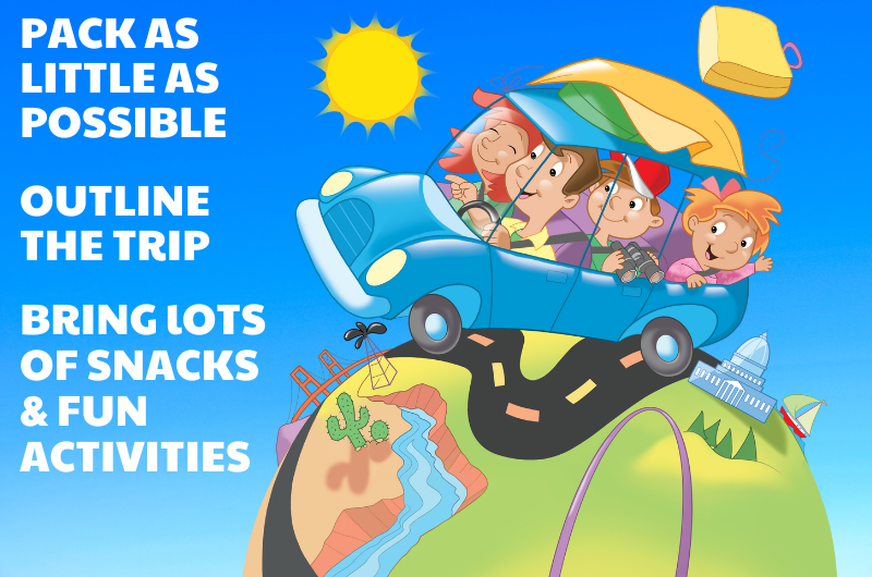 illustration of a family going on vacation, driving their car around the globe