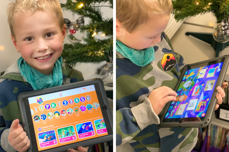 two photos of the same little blond haired boy playing on a tablet one photo showing the online learning site, Anywhere Teacher and the second photo of the little boy playearning path on Anywhereing the first grade guided l Teacher
