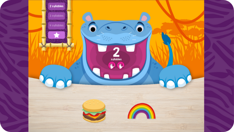 online game for kids that teaches syllables feed the hungry hippo 2-4 syllable words