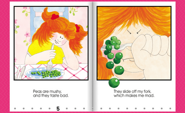 two page spread of a story book for kids called I don't Like Peas with an illustration of a red haired girl not eating her peas