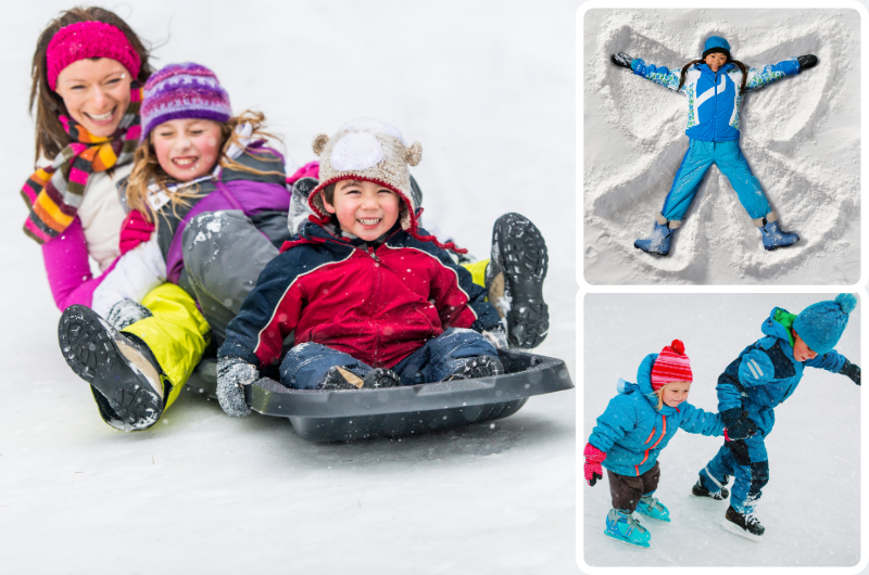 photos of three kids sledding, one kids making a snow angel, and two kids ice skating 